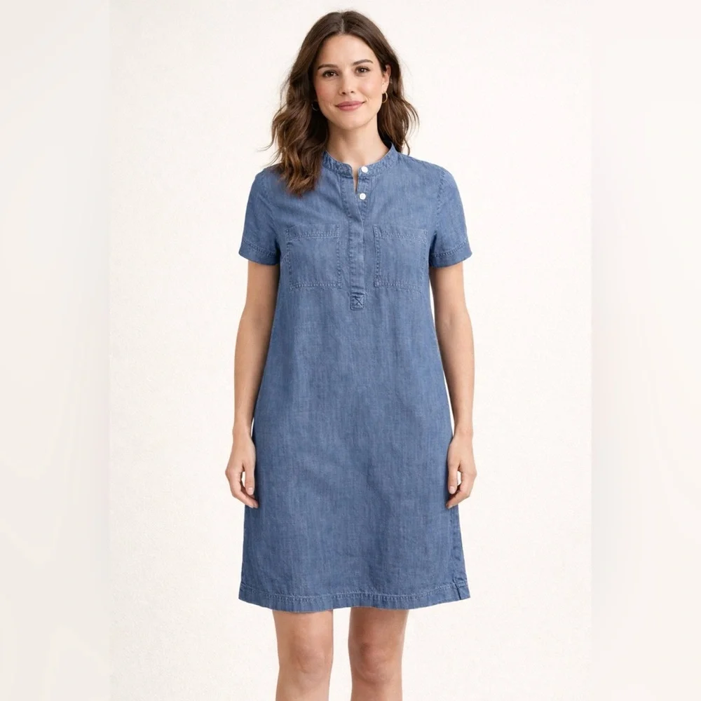 J. Crew Blue Chambray Shift Dress Button Short Sleeve Knee Length - Picture 1 of 6